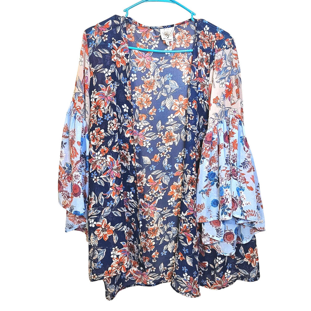 Self Esteem Size Medium M Boho Blue Orange Blouse Trumpet Sleeve Sheer Boho